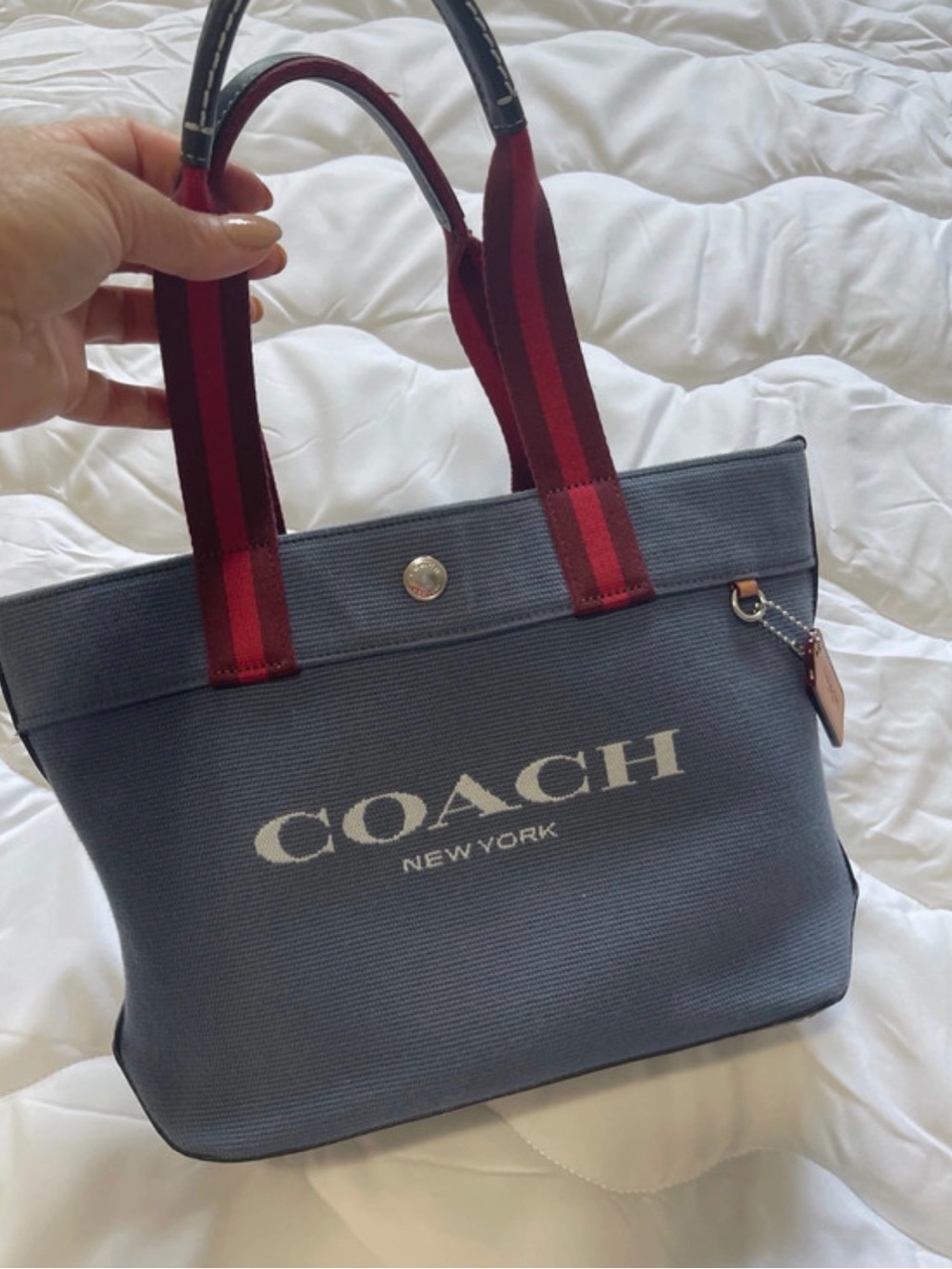 Coach Canvas Tote 20 Denim and Red Handles